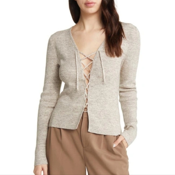 Open Edit Brown Ivory Spacedye Lace Up Top Size XL - Picture 1 of 7